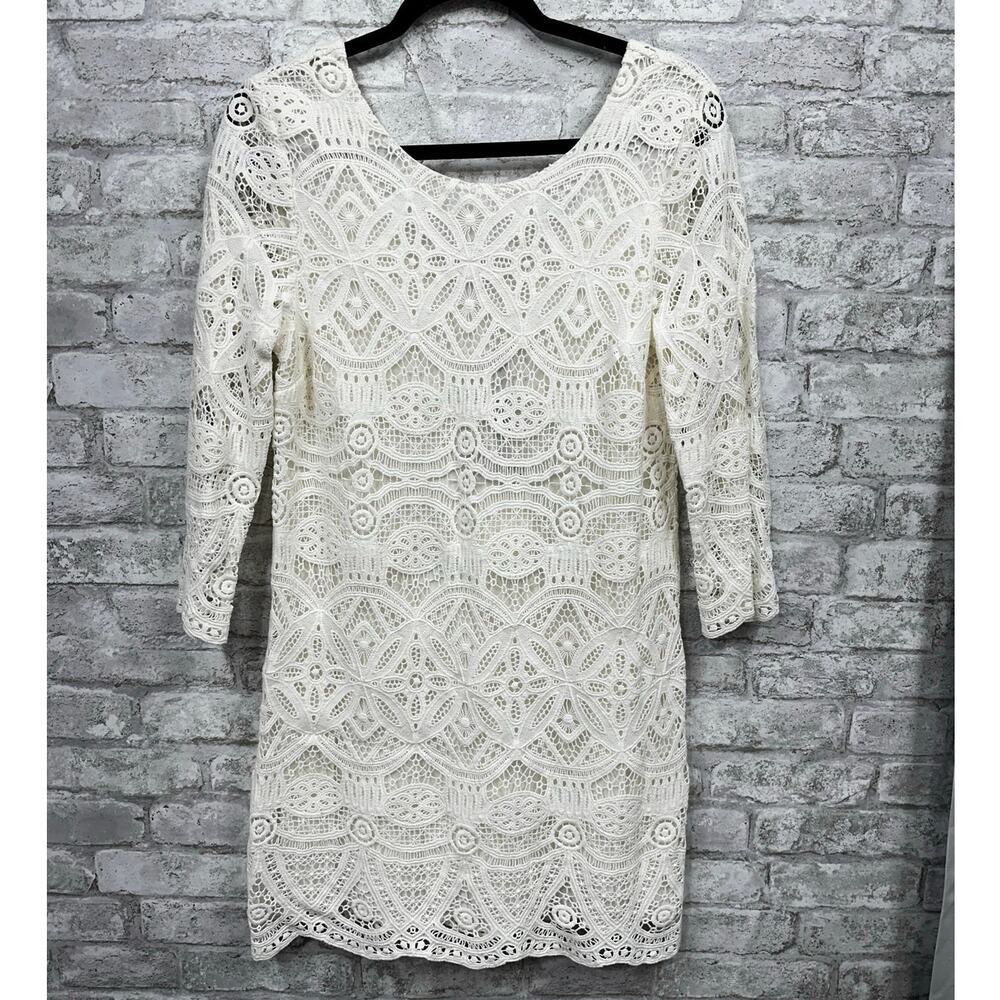 NWT Sezane Sarah Robe Crochet Eyelet 3/4 Sleeve Mini Dress (38) Ecru Cream - Picture 2 of 10